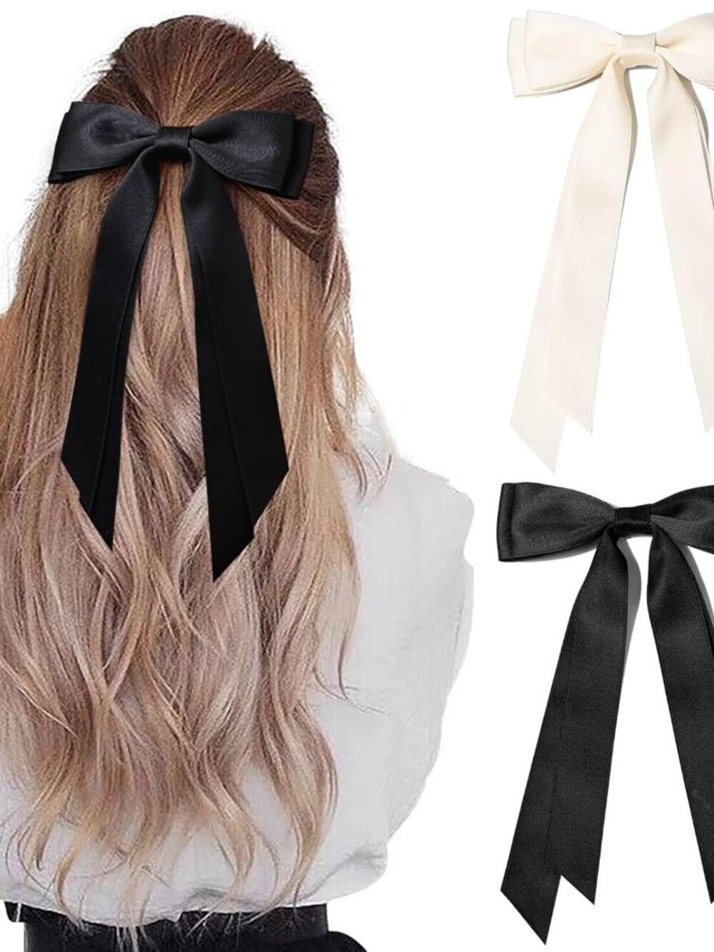 2PCS Hair Bows Hair Clip Beige Black Hair Ribbon Ponytail Holder Accessories Sli